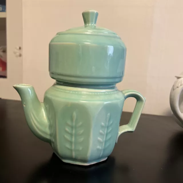 VTG Shawnee Pottery Fern Leaf Pattern Teapot Blue/Green Ceramic Strainer Set USA