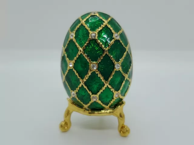 Carucci Crystal Enamel Bejeweled Egg Green Jewelry Trinket Box Goldtone