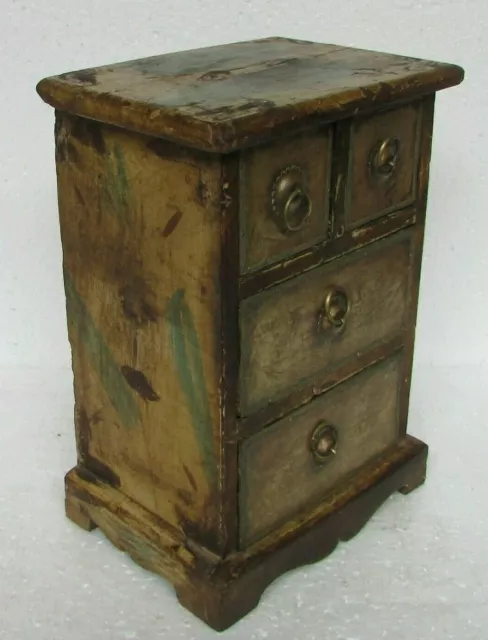 Vintage Old Wooden Hand Carved Brass Fitted Painted 4 Drawer Jewellery Box