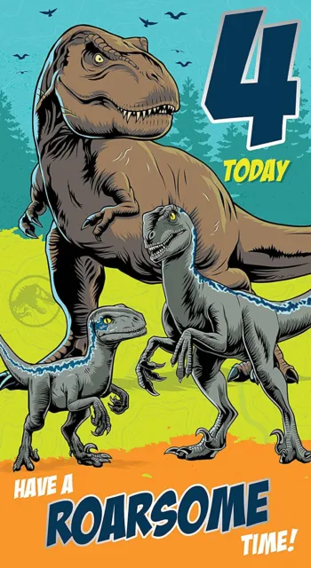 Tarjeta de cumpleaños de 4 dinosaurios de Jurassic World Edad Parque Jurásico tarjeta de cumpleaños