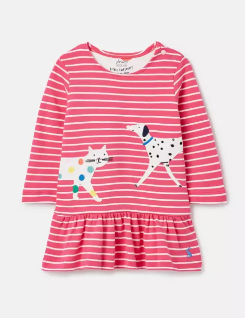 JOULES Dazzle Baby Girl's Dress Age 12-18 Month Pink Cat Dog Stripe NEW OM26