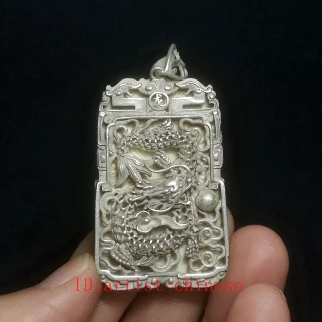 Chinese Tibet Silver Carving Dragon Statue necklace Pendant Old Collection gift