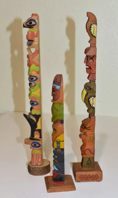 3 Vintage Haida Salish Hand Carved Cedar Northwest Coast Souvenir Totem Poles