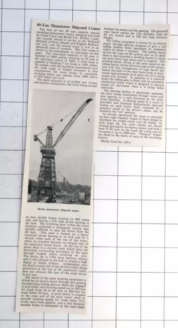 1962 60 Ton Mono Tower Shipyard Cranes By Clyde Crane And Booth Ltd