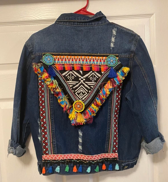 RETRO WOMENS PUNK Blue Boho Floral Embroidered Denim Jeans Jacket