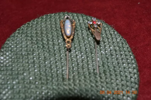 Vintage 2 Art Deco Stick/Hat Pins - Opal and Cross with Rhinestones (Lot 98)