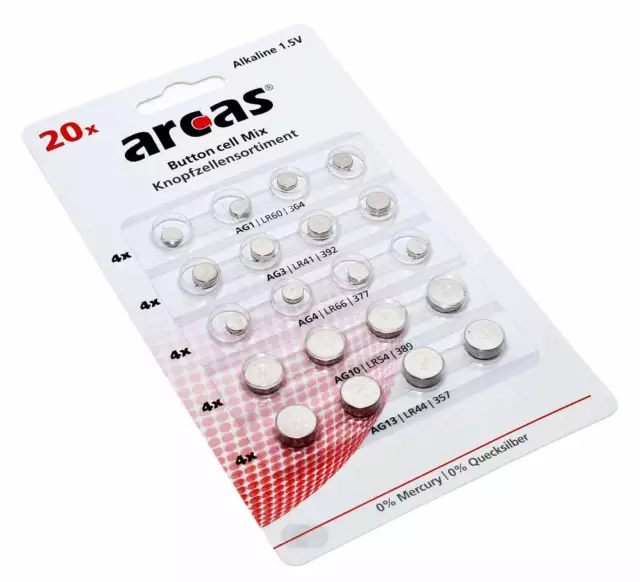 20 Stk. Arcas Knopfzellen-Set Alkaline je 4x AG1 AG3 AG4 AG10 AG13