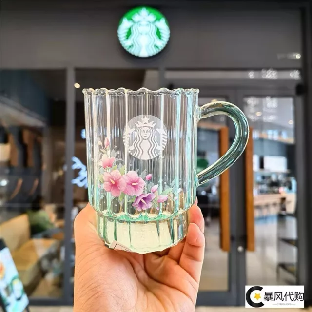 Starbucks Korea Hibiscus Flowers Mint Green Glass Cup Coffee Mug Limited Edition