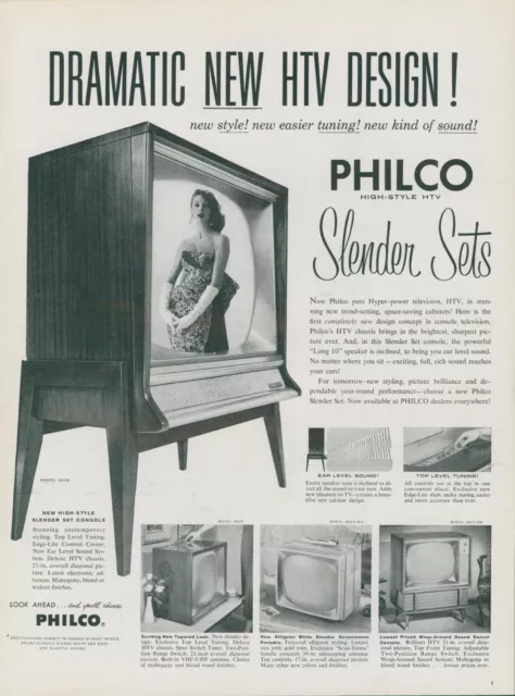 1958 Philco HTV Television Slender Set Console On Woman Gown Vtg Print Ad L14