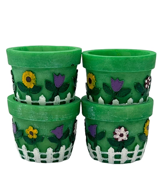 Juego de 4 anillos de servilleta verde maceta flores pintadas a mano piquete cerca resina