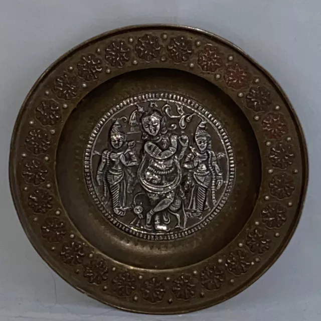 Antique Indian Tanjore Embossed Silver/Copper Relief on Brass Small Dish (Deity)