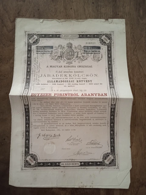 Obligation  Emprunt Or 4% 1881   Royaume De Hongrie