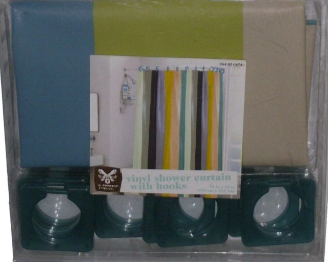 Independent Studies Blue Green Stripe Vinyl Shower Curtain & Hooks Set