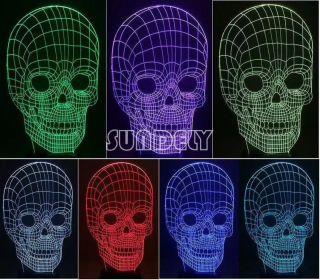 LED 3D 7Color Illuminated Skull Illusion Light Sculpture Desk Lamp Night