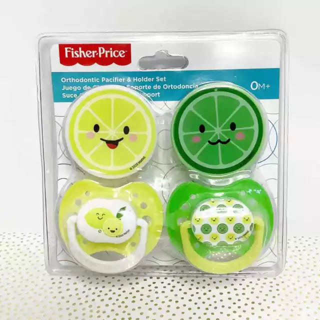 Fisher-Price Orthodonic Lemon Lime Pacifier And Holder Set New