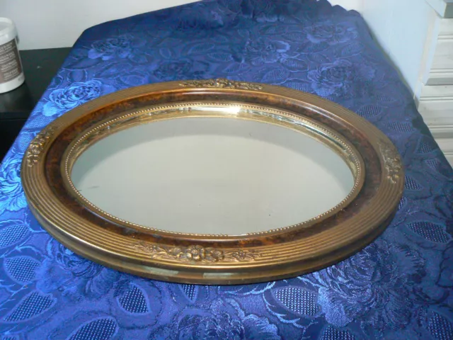 Ancien Miroir Glace Ovale Dore Faux Bois Stuc Fleurs 1920 Art Decoration Cadre