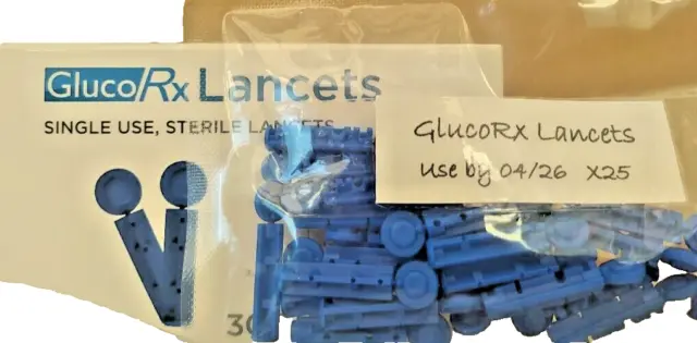 25 x Genuine GlucoRx Single Use Sterile Lancets - 30g, Free Postage. Use By 2026