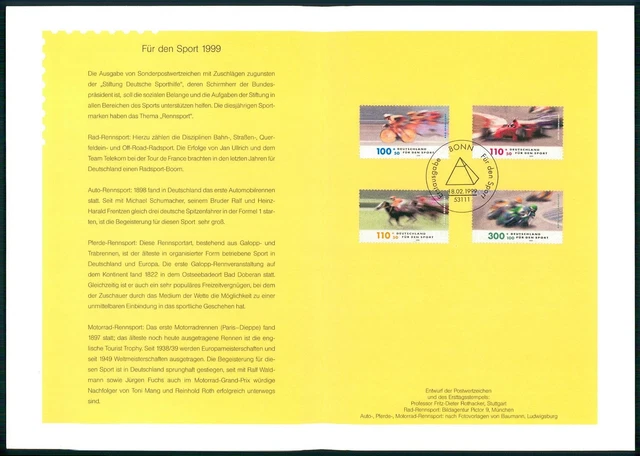BRD MINISTERKARTE 1999 RENNSPORT RADFAHREN FORMEL 1 REITEN MOTO GP RARE! ua39