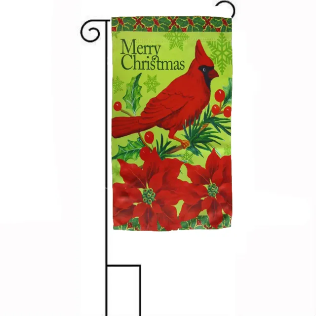 12x18 12"x18" Merry Christmas Cardinal Flowers Sleeved w/ Garden Stand Flag
