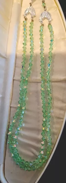 Vintage ART DECO HAND CUT GREEN CRYSTAL Faceted  SEGMENTED Bead Necklace 16"INCH