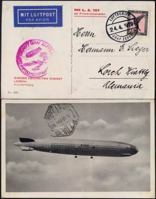 Zeppelin Dt. Reich 1929 Mittelmeerfahrt Bordpost 24.4.29 Sevilla Si 24 B / 1772