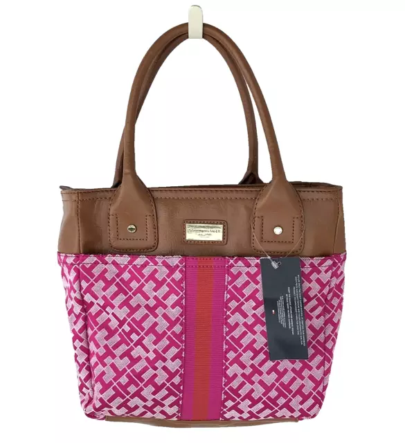 Tommy Hilfiger TH Signature Purse Pink Red Brown Top Handles Tote Handbag NEW