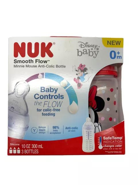 NUK Smooth Flow Disney Bottle, Minnie Mouse, 0+M, 10 Oz, 3 Pack - NEW