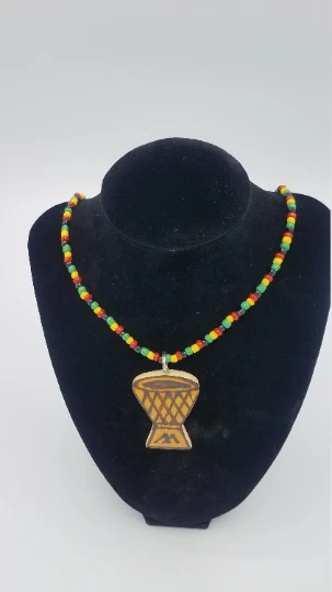 Rasta wooden africa djembe  pendant necklace beads chain  wood