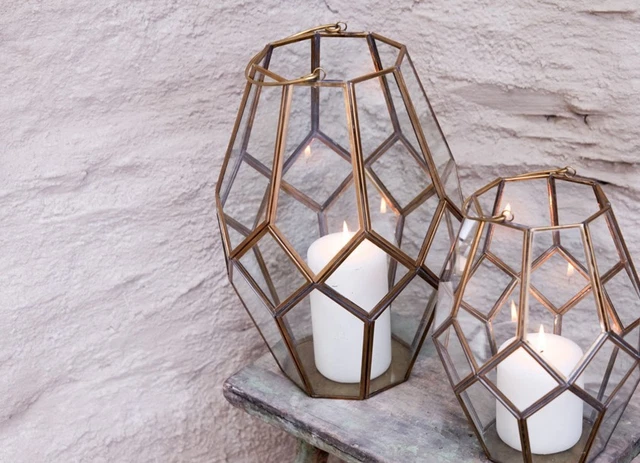 Brass & Glass Lantern L Geometric Terrarium Planter Candle Holder Mohani Nkuku