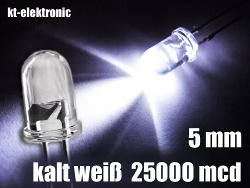 100 Stück LED 5mm kalt weiß ultrahell 25000mcd