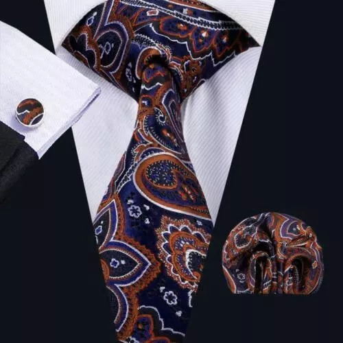 LUXURY GIFT SET Mens Classic Paisley Blue Silk Tie Handkerchief Hanky Cufflinks