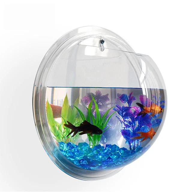 New! Wall Mounted Fish Tank - Betta Bubble Aquarium - With Plant, Rocks And More