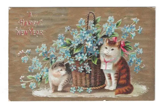 alte AK, Neujahr, USA, 1932, Prägekarte, Katzen, Blumenkorb, "Happy New Year"