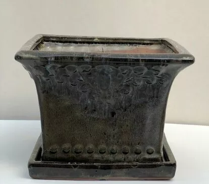 Ceramic Marbled Brown Bonsai Pot Square W/ Drip Tray 8.0" x 8.0" x 5.75" Tall