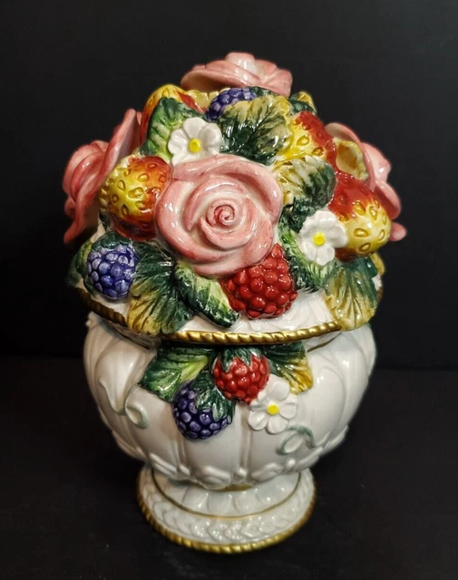 Fitz and Floyed Covered Candy Dish, Fruit and Roses, 2 pieces