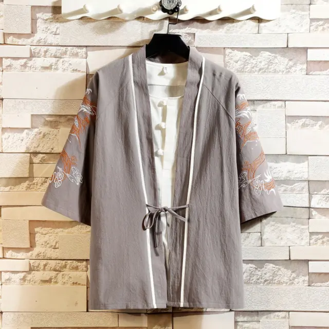 Mens Embroidery Kimono Coat Jacket Yukata Vintage Japanese Haori Casual Outwear