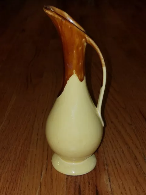 Vintage USA Pottery Slim Drip Glaze Pitcher Bud Vase Ewer Yellow and Brown
