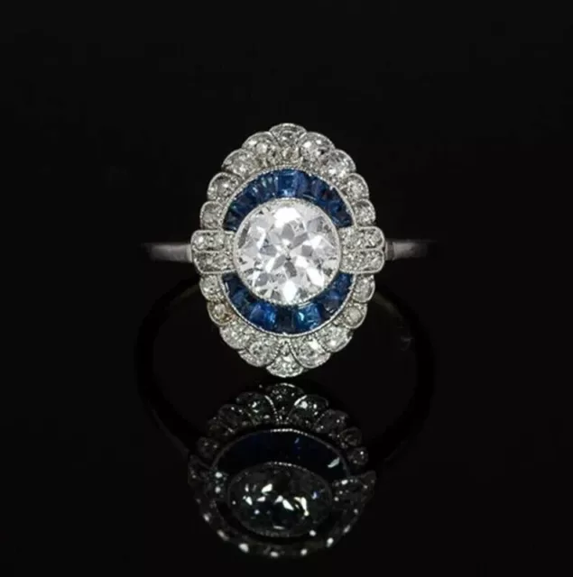 Art Deco Floral Lab-Created Diamond & Sapphire Wedding 14K WhiteGold Filled Ring