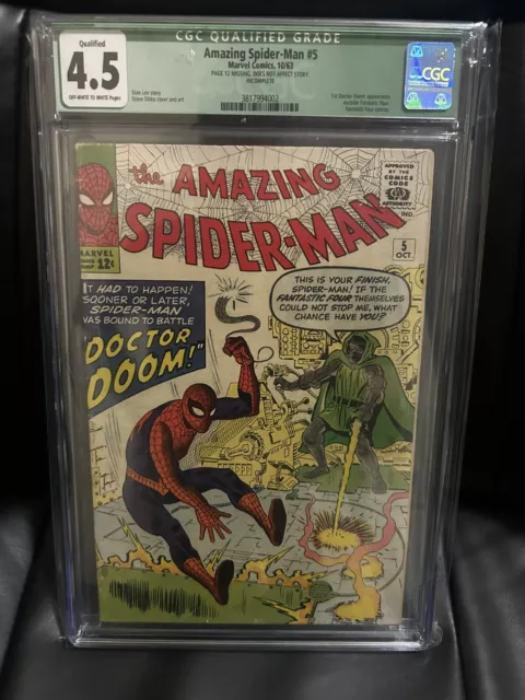 Amazing Spider-Man #5 Unrestored Doctor Doom Marvel Comic 1963 CGC 4.5 Qualified