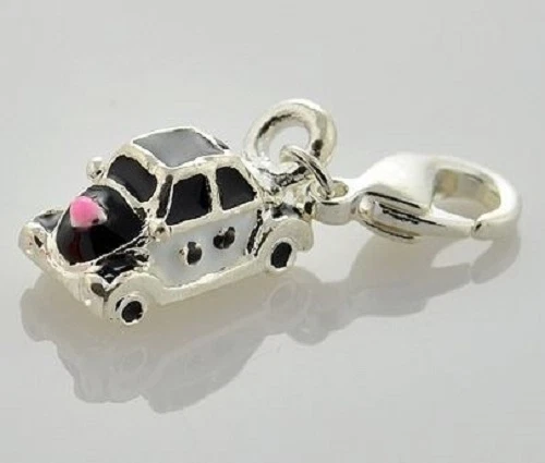 Sterling Silver Finish Enamel Vw Beetle Car Clip On Charm