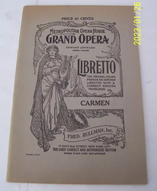 Vintage Metropolitan Opera House Grand Opera Libretto - Carmen Program