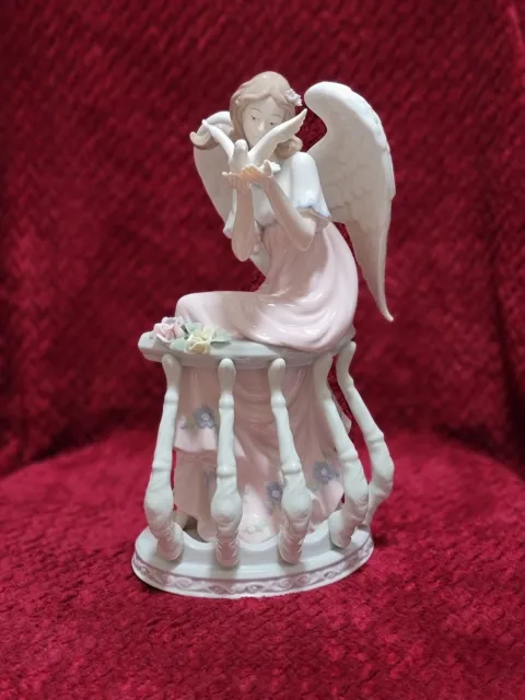 Vtg. 12” Tall  Members Mark Hand Painted Porcelain Angel With Dove And Flowers