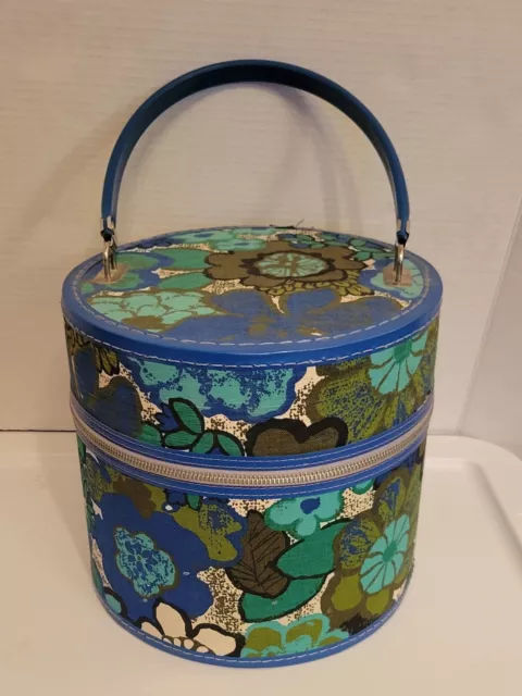 Vintage Floral Flower Hat Box Wig Case Train Case Round Travel Luggage