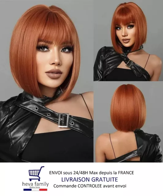 Perruque Carré Femme Rousse Coupe Courte  Cheveux Lisse Synthétique Wig Frange