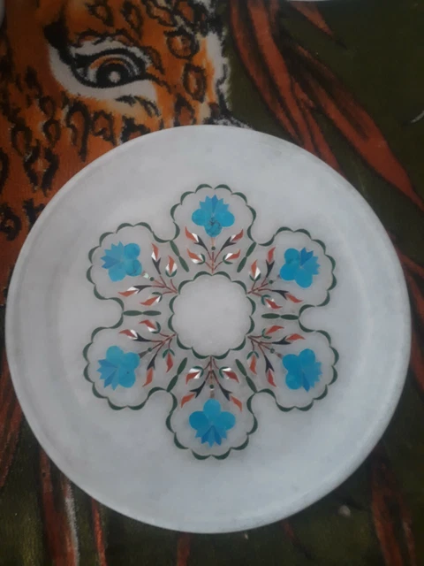 12" Marquetry dish Marble plate decorative malachite inlay home room decor r59