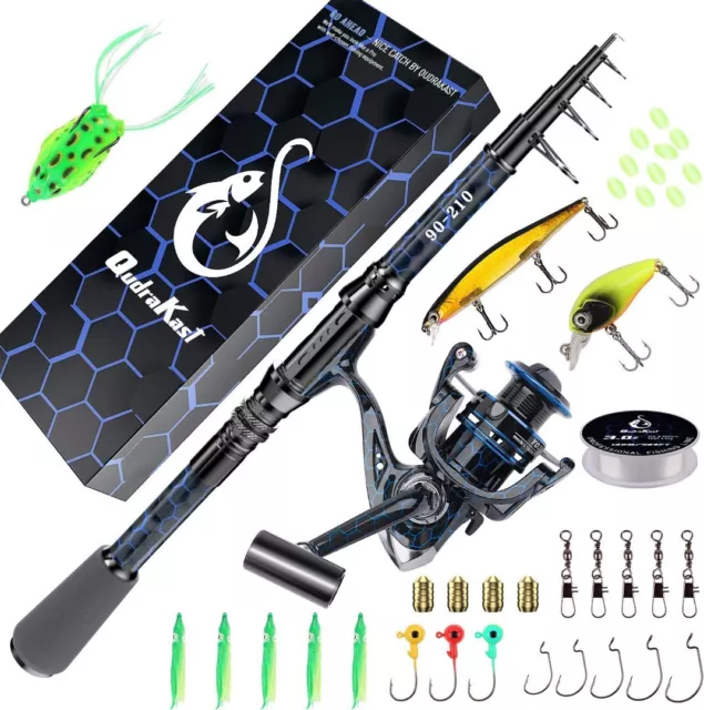 FISHING ROD REEL Combo Carbon Fiber Telescopic Fishing Rod w/Reel & Tackle  BLUE £69.99 - PicClick UK