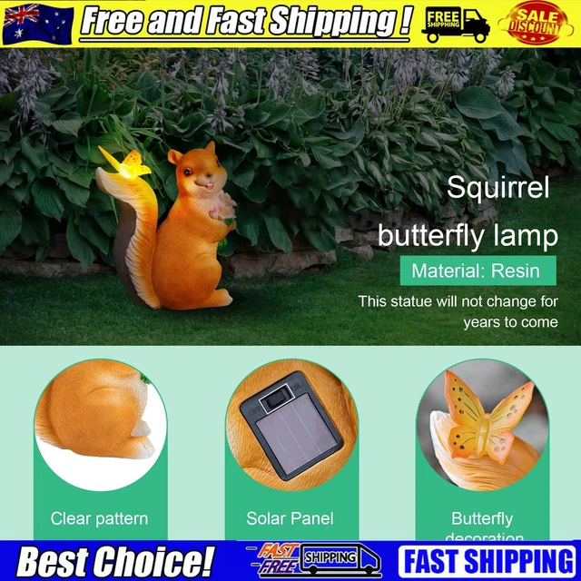 Solar Squirrel Statue Art Resin Squirrel Butterfly Lamp Garden Ornament (A)