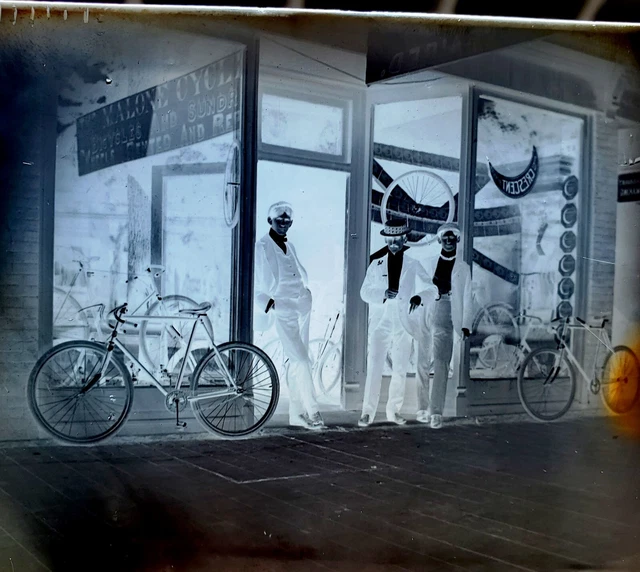 Antique Glass Plate Negative Photo Men by Bicycle Shop - Malone NY Adirondacks
