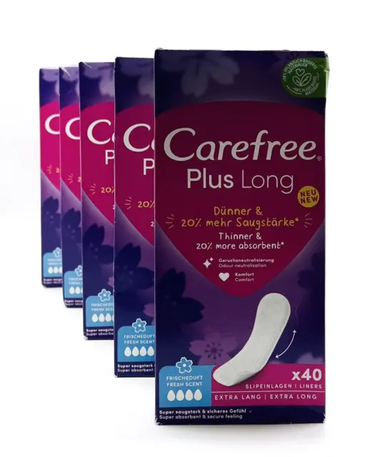 Carefree Slipeinlagen Plus Long Extra Lang mit Frischeduft, 5 x 40 Stück