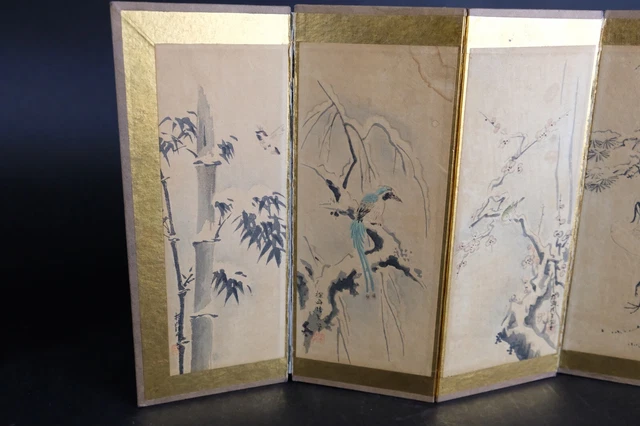 Pair old asian table screens, landscape and birds, marked, 22x35cm